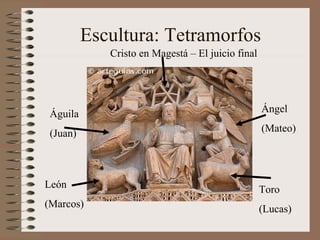 Escultura: Tetramorfos
Águila
(Juan)
Ángel
(Mateo)
León
(Marcos)
Toro
(Lucas)
Cristo en Magestá – El juicio final
 