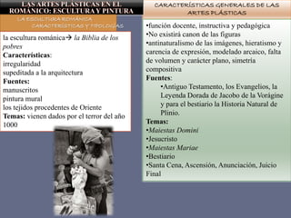 CARACTERÍSTICAS GENERALES DE LAS
ARTES PLÁSTICAS
•función docente, instructiva y pedagógica
•No existirá canon de las figuras
•antinaturalismo de las imágenes, hieratismo y
carencia de expresión, modelado arcaico, falta
de volumen y carácter plano, simetría
compositiva
Fuentes:
•Antiguo Testamento, los Evangelios, la
Leyenda Dorada de Jacobo de la Vorágine
y para el bestiario la Historia Natural de
Plinio.
Temas:
•Maiestas Domini
•Jesucristo
•Maiestas Mariae
•Bestiario
•Santa Cena, Ascensión, Anunciación, Juicio
Final
LA ESCULTURA ROMÁNICA
CARACTERÍSTICAS Y TIPOLOGÍAS
la escultura románica la Biblia de los
pobres
Características:
irregularidad
supeditada a la arquitectura
Fuentes:
manuscritos
pintura mural
los tejidos procedentes de Oriente
Temas: vienen dados por el terror del año
1000
 