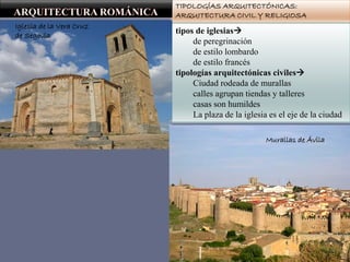 TIPOLOGÍAS ARQUITECTÓNICAS:
ARQUITECTURA CIVIL Y RELIGIOSA
tipos de iglesias
de peregrinación
de estilo lombardo
de estilo francés
tipologías arquitectónicas civiles
Ciudad rodeada de murallas
calles agrupan tiendas y talleres
casas son humildes
La plaza de la iglesia es el eje de la ciudad
Iglesia de la Vera Cruz
de Segovia
Murallas de Ávila
 