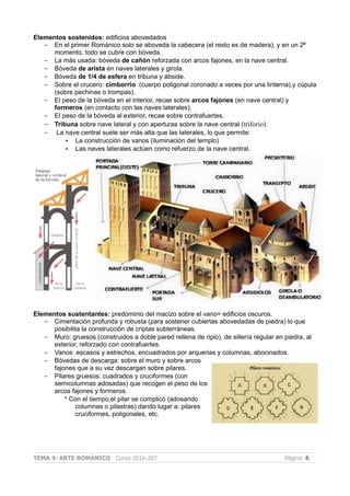Elementos sostenidos: edificios abovedados
– En el primer Románico solo se aboveda la cabecera (el resto es de madera), y en un 2ª
momento, todo se cubre con bóveda.
– La más usada: bóveda de cañón reforzada con arcos fajones, en la nave central.
– Bóveda de arista en naves laterales y girola.
– Bóveda de 1/4 de esfera en tribuna y ábside.
– Sobre el crucero: cimborrio (cuerpo poligonal coronado a veces por una linterna),y cúpula
(sobre pechinas o trompas).
– El peso de la bóveda en el interior, recae sobre arcos fajones (en nave central) y
formeros (en contacto con las naves laterales).
– El peso de la bóveda al exterior, recae sobre contrafuertes.
– Tribuna sobre nave lateral y con aperturas sobre la nave central (triforio).
– La nave central suele ser más alta que las laterales, lo que permite:
• La construcción de vanos (iluminación del templo)
• Las naves laterales actúen como refuerzo de la nave central.
Elementos sustentantes: predominio del macizo sobre el vano= edificios oscuros.
– Cimentación profunda y robusta (para sostener cubiertas abovedadas de piedra) lo que
posibilita la construcción de criptas subterráneas.
– Muro: gruesos (construidos a doble pared rellena de ripio), de sillería regular en piedra, al
exterior, reforzado con contrafuertes.
– Vanos: escasos y estrechos, encuadrados por arquerias y columnas, abocinados.
– Bóvedas de descarga: sobre el muro y sobre arcos
fajones que a su vez descargan sobre pilares.
– Pilares gruesos: cuadrados y cruciformes (con
semicolumnas adosadas) que recogen el peso de los
arcos fajones y formeros.
* Con el tiempo,el pilar se complicó (adosando
columnas o pilastras) dando lugar a: pilares
cruciformes, poligonales, etc.
TEMA 4: ARTE ROMÁNICO Curso 2016-207 Página 6
 