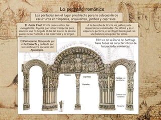 Pórtico de la Gloria de Santiago
tiene todas las características de
las portadas románicas.
A la derecha de Cristo los justos y a la
izquierda los condenados. Por último y si el
espacio lo permite, el arcángel San Miguel con
una balanza para pesar las almas.
El Pantocrátor flanqueado por
el tetramorfo y rodeado por
los veinticuatro ancianos del
Apocalipsis.
El Juicio Final, Cristo como centro, los
evangelistas, ángeles que tocan trompetas para
anunciar que ha llegado el día del Juicio; la escena
puede incluir también a los Apóstoles y la Virgen.
Jambas con
esculturas
Jambas con
columnas
Pedestal
Parteluz
Tímpano
La portada románica
Las portadas son el lugar predilecto para la colocación de
esculturas en tímpanos, arquivoltas, jambas y capiteles.
Capiteles
 
