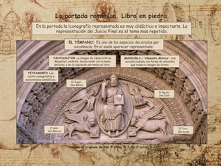 La portada románica. Libro en piedra.
En la portada la iconografía representada es muy didáctica e impactante. La
representación del Juicio Final es el tema mas repetido.
El Ángel:
San Mateo
El león:
San Marcos
El Toro:
San Lucas
El Águila:
San Juan
EL TÍMPANO: Es uno de los espacios decorados por
excelencia. En el suele aparecer representado:
PANTOCRÁTOR: La imagen de Jesucristo en
Majestad, sedente, bendiciendo con la mano
derecha, y en la izquierda portando un libro.
MANDORLA o "Almendra Mística“: Una
aureola ovalada con forma de almendra
que rodea la imagen de Cristo.
TETRAMORFO: Los
cuatro evangelistas y
sus animales simbólicos.
Tímpano de la iglesia de San Trófimo de Arlés (Francia), s. XII.
 