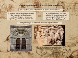 Características de la escultura románica
La escultura esta subordinada al marco arquitectónico.
El espacio limita la obra escultórica.
La escultura se localiza en:
pórticos, tímpano, columnas,
capiteles, paneles, claustros, etc.
A esta limitación y estrecha
relación de la escultura con el
marco arquitectónico se la ha
llamado “Ley del marco”.
Los personajes se adaptan al marco arquitectónico.
San Vicente de Ávila, portada
del Maestro Fruchel, s. XII.
Capitel que representa la entrada de Jesús a Jerusalén a
lomos de un borrico. Claustro de San Pedro El Viejo de
Huesca (Aragón)
 