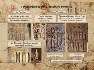 La Función: La Temática:
La Tipología: Escultura exenta
devocional y relieves.
Decorativa y doctrinal. Temas profanos:
animales, plantas,
geometría,…
Temas religiosos: Juicio Final
(Pantocrátor y Tetramorfos),
la Biblia, vidas de Santos,…
Características de la escultura románica
Decoración abundante
El descenso de la cruz
de Cristo muerto
La Ascensión de
Cristo a los Cielos
Claustro de Santo Domingo de Silos (1073-1100).
 