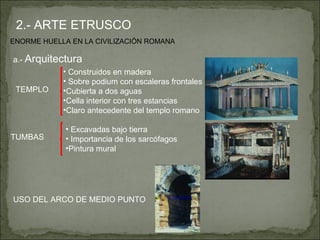 2.- ARTE ETRUSCO ENORME HUELLA EN LA CIVILIZACIÓN ROMANA a.-  Arquitectura TEMPLO Construidos en madera Sobre podium con escaleras frontales Cubierta a dos aguas Cella interior con tres estancias Claro antecedente del templo romano TUMBAS Excavadas bajo tierra Importancia de los sarcófagos Pintura mural USO DEL ARCO DE MEDIO PUNTO 