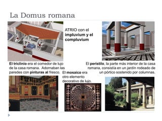 La Domus romana
                                    ATRIO con el
                                    impluvium y el
                                    compluvium




El triclinio era el comedor de lujo               El peristilo, la parte más interior de la casa
de la casa romana. Adornaban las                   romana, consistía en un jardín rodeado de
paredes con pinturas al fresco. El mosaico era             un pórtico sostenido por columnas.
                                   otro elemento
                                   decorativo de lujo.
 