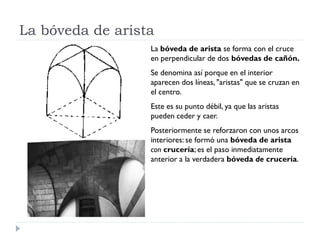 La bóveda de arista
                  La bóveda de arista se forma con el cruce
                  en perpendicular de dos bóvedas de cañón.
                  Se denomina así porque en el interior
                  aparecen dos líneas, "aristas" que se cruzan en
                  el centro.
                  Este es su punto débil, ya que las aristas
                  pueden ceder y caer.
                  Posteriormente se reforzaron con unos arcos
                  interiores: se formó una bóveda de arista
                  con crucería; es el paso inmediatamente
                  anterior a la verdadera bóveda de crucería.
 