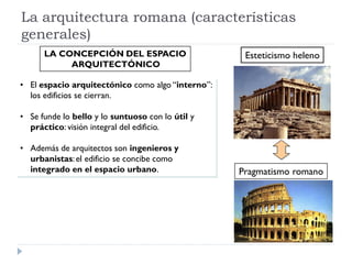 La arquitectura romana (características
generales)
      LA CONCEPCIÓN DEL ESPACIO                     Esteticismo heleno
           ARQUITECTÓNICO

• El espacio arquitectónico como algo “interno”:
  los edificios se cierran.

• Se funde lo bello y lo suntuoso con lo útil y
  práctico: visión integral del edificio.

• Además de arquitectos son ingenieros y
  urbanistas: el edificio se concibe como
  integrado en el espacio urbano.                  Pragmatismo romano
 