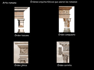 Órdenes arquitectónicos que usaron los romanos:
Órden toscano Órden compuesto
Órden jónico Órden corintio
Arte romano
 