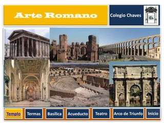 Arte Romano

Templo

Termas

Basílica

Acueducto

Teatro

Colegio Chaves

Arco de Triunfo

Inicio

 