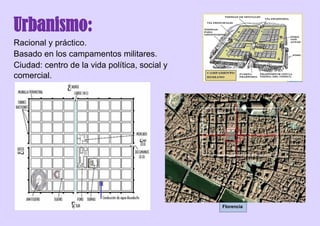 Urbanismo:
Racional y práctico.
Basado en los campamentos militares.
Ciudad: centro de la vida política, social y
comercial.
Florencia
 