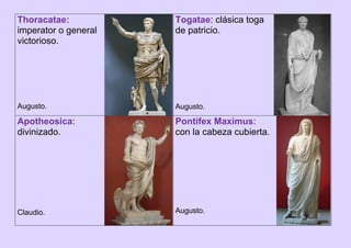 Thoracatae:
imperator o general
victorioso.
Augusto.
Togatae: clásica toga
de patricio.
Augusto.
Apotheosica:
divinizado.
Claudio.
Pontifex Maximus:
con la cabeza cubierta.
Augusto.
 