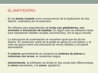• ELANFITEATRO
• Es de planta ovalada como consecuencia de la duplicación de dos
teatros, uniéndolos por el escenario.
• Se utilizaba para espectáculos de lucha con gladiadores, con
animales o simulación de batallas. En algún caso se utilizaron hasta
para representar batallas navales (naumachias), con el agua incluida.
• La estructuras de sustentación se resuelven igual que las de los
teatros. En ocasiones, parte de la grada se apoya en una ladera, y el
resto se apoya sobre una estructura de muros radiales y circulares
abovedados.
• El exterior generalmente se compone de órdenes de pilares o
columnas con arcos, en ocasiones ciegos.
• Interiormente, el anfitreatro se divide en dos zonas bien diferenciadas,
la arena (escenario), y la cavea (graderío):
 