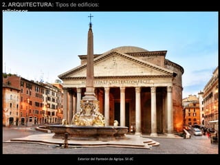 2. ARQUITECTURA: Tipos de edificios:
religiosos
Exterior del Panteón de Agripa. SII dC
 