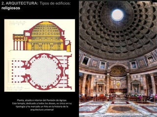2. ARQUITECTURA: Tipos de edificios:
religiosos
Planta, alzado e interior del Panteón de Agripa.
Este templo, dedicado a todos los dioses, es único en su
tipología y ha marcado un hito en la historia de la
arquitectura universal
 