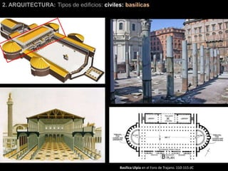 2. ARQUITECTURA: Tipos de edificios: civiles: basílicas
Basílica Ulpia en el Foro de Trajano. 110-115 dC
 