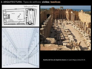 2. ARQUITECTURA: Tipos de edificios: civiles: basílicas
Basílica del Foro de Septimio Severo en Leptis Magna (Libia) SIII dC.
 