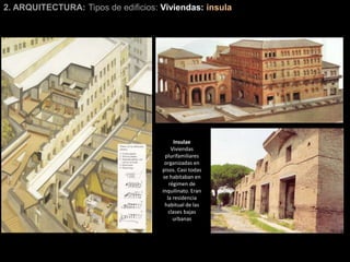 2. ARQUITECTURA: Tipos de edificios: Viviendas: insula
Insulae
Viviendas
plurifamiliares
organizadas en
pisos. Casi todas
se habitaban en
régimen de
inquilinato. Eran
la residencia
habitual de las
clases bajas
urbanas
 