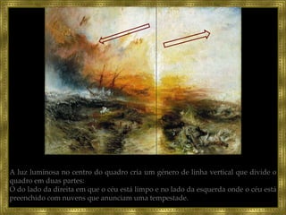 A luz luminosa no centro do quadro cria um género de linha vertical que divide o quadro em duas partes: O do lado da direita em que o céu está limpo e no lado da esquerda onde o céu está preenchido com nuvens que anunciam uma tempestade. 