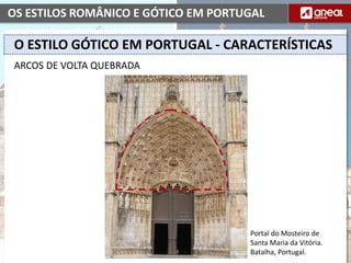 OS ESTILOS ROMÂNICO E GÓTICO EM PORTUGAL
ARCOS DE VOLTA QUEBRADA
O ESTILO GÓTICO EM PORTUGAL - CARACTERÍSTICAS
Portal do Mosteiro de
Santa Maria da Vitória.
Batalha, Portugal.
 