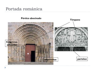 Portada románica

           Pórtico abocinado
                                             Tímpano




Columnas
adosadas




                               arquivoltas        parteluz
 