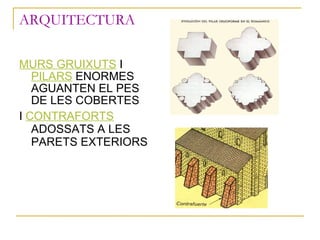 <ul><li>MURS GRUIXUTS  I  PILARS  ENORMES AGUANTEN EL PES DE LES COBERTES </li></ul><ul><li>I  CONTRAFORTS  ADOSSATS A LES...