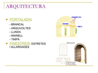 ARQUITECTURA <ul><li>PORTALADA : </li></ul><ul><li>- BRANCAL </li></ul><ul><li>- ARQUIVOLTES </li></ul><ul><li>- LLINDA </...