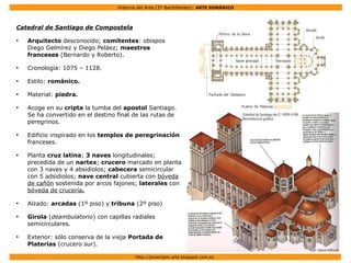 Historia del Arte (2º Bachillerato): ARTE ROMÁNICO
Http://javier2pm-arte.blogspot.com.es
Catedral de Santiago de Compostela
●
Arquitecto desconocido; comitentes: obispos
Diego Gelmírez y Diego Peláez; maestros
franceses (Bernardo y Roberto).
●
Cronología: 1075 – 1128.
●
Estilo: románico.
●
Material: piedra.
●
Acoge en su cripta la tumba del apostol Santiago.
Se ha convertido en el destino final de las rutas de
peregrinos.
●
Edificio inspirado en los templos de peregrinación
franceses.
●
Planta cruz latina; 3 naves longitudinales;
precedida de un nartex; crucero marcado en planta
con 3 naves y 4 absidiolos; cabecera semicircular
con 5 adsidiolos; nave central cubierta con bóveda
de cañón sostenida por arcos fajones; laterales con
bóveda de crucería.
●
Alzado: arcadas (1º piso) y tribuna (2º piso)
●
Girola (deambulatorio) con capillas radiales
semicirculares.
●
Exterior: sólo conserva de la vieja Portada de
Platerias (crucero sur).
 