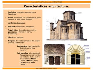 Historia del Arte (2º Bachillerato): ARTE ROMÁNICO
Http://javier2pm-arte.blogspot.com.es
Características arquitectura.
●
Capiteles: vegetales, geométricos y
figurativos.
●
Muros, reforzados con contrafuertes, para
sostener el peso de las bóvedas.
●
Ventanas abocinadas.
●
Pórticos abocinados y decorados.
●
Arquivoltas: decoradas con motivos
geométricos (dientes de sierra,
ajedrezado).
●
Dintel con parteluz.
●
Tímpano decorado con temas del Antiguo
y Nuevo Testamento:
– Pantocrátor (representación
de Cristo como juez
supremo)
– Tetramorfos: a los lados del
Pantocrátor se representan
los símbolos de los cuatro
evangelistas: Mateo
(ángel), Marcos (león),
Lucas (toro), Juan
(águila )
 
