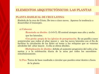 ELEMENTOS ARQUITECTÓNICOS: LAS PLANTAS

PLANTA BASILICAL DE CRUZ LATINA:
 Símbolo de la cruz de Cristo. De tres o cinco naves. Aparece la tendencia a
 desarrollar el transepto.

   a) Cabecera:
         -Rematada en ábsides (1‑3‑5‑7). El central siempre mas alto y ancho
          que los laterales.
         ‑Con girola: propia de las iglesias de peregrinación. Es un pasillo o nave
 semicircular que rodea al altar mayor y une las naves laterales con el fin de
 facilitar la circulación de los fieles en torno a las reliquias que se veneran
 alrededor del altar mayor. A ella se abren ábsides.
         ‑Multiplicación de ábsides: debida al aumento progresivo del culto a los
 santos y a la celebración diaria de la misa por todos los sacerdotes
 simultáneamente.

  b) Pies: Torres de base cuadrada o circular que pueden estar dentro o fuera
           de la planta
 