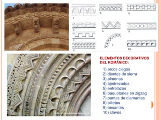 ELEMENTOS DECORATIVOS
DEL ROMÁNICO:
 1) arcos ciegos
 2) dientes de sierra
 3) almenas
 4) ajedrezados
 5) entrelazos
 6) baquetones en zigzag
 7) puntas de diamantes
 8) billetes
 9) besantes
 10) clavos
 