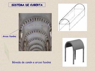 Bóveda de canón e arcos faxóns
Arcos faxóns
SISTEMA DE CUBERTASISTEMA DE CUBERTA
 