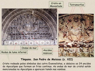 Tímpano. San Pedro de Moissac (s. XII)
Rodas de lume infernal
Cristo en
Maxestade
Tetramorfos
Anciáns
músicos
Cristo rodeado polos símbolos dos catro Evanxelistas, e debaixo os 24 anciáns
do Apocalipse que forman un friso continuo. As ondas do mar de cristal están
mencionadas no Apocalipse e aparecen tamén nas xambas.
Ondas do mar
 