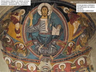 Línea gruesa y enérgica.
Simplificación de rostros.
Simetría.
Severidad, solemnidad.
Colores planos, brillantes, sin matices, primarios
Frontalidad, hieratismo, rigidez = Aire distante.
Estilización. Jerarquización. Sin perspectiva.
 