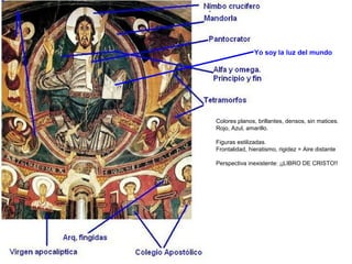 Colores planos, brillantes, densos, sin matices.
Rojo, Azul, amarillo.
Figuras estilizadas.
Frontalidad, hieratismo, rigidez = Aire distante
Perspectiva inexistente: ¡¡LIBRO DE CRISTO!!
Yo soy la luz del mundo
 