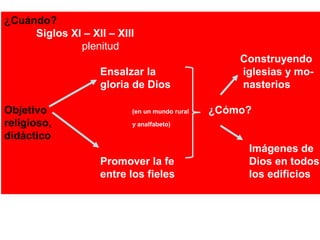 ¿Cuándo?
Siglos XI – XII – XIII
plenitud
Construyendo
Ensalzar la iglesias y mo-
gloria de Dios nasterios
Objetivo (en un mundo rural ¿Cómo?
religioso, y analfabeto)
didáctico
Imágenes de
Promover la fe Dios en todos
entre los fieles los edificios
 
