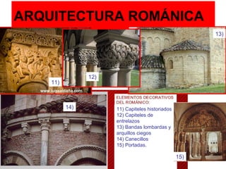 ARQUITECTURA ROMÁNICA
11) Capiteles historiados
12) Capiteles de
entrelazos
13) Bandas lombardas y
arquillos ciegos
14) Canecillos
15) Portadas.
13)
14)
11)
12)
15)
 