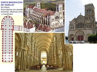 SANTA MAGDALENA
DE VEZELAY
Sin triforio.
Arcos fajones con dovelas
bícromas: influencia romana
y musulmana.
 