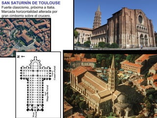 SAN SATURNÍN DE TOULOUSE
Fuerte clasicismo, próxima a Italia.
Marcada horizontalidad alterada por
gran cimborrio sobre el crucero.
.
 