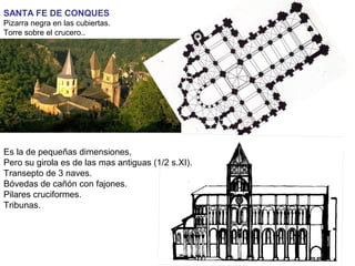 SANTA FE DE CONQUES
Pizarra negra en las cubiertas.
Torre sobre el crucero..
Es la de pequeñas dimensiones,
Pero su girola es de las mas antiguas (1/2 s.XI).
Transepto de 3 naves.
Bóvedas de cañón con fajones.
Pilares cruciformes.
Tribunas.
 
