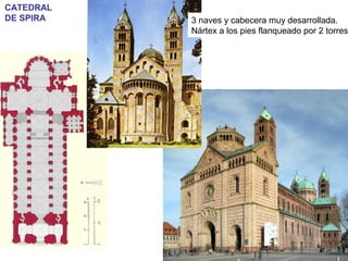 CATEDRAL
DE SPIRA 3 naves y cabecera muy desarrollada.
Nártex a los pies flanqueado por 2 torres
 