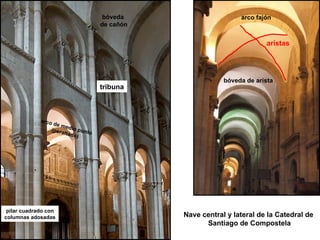 Nave central y lateral de la Catedral de  Santiago de Compostela bóveda de arista arco fajón aristas bóveda  de cañón arco de medio punto (peraltado) pilar cuadrado con columnas adosadas tribuna 