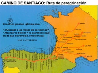 CAMINO DE SANTIAGO: Ruta de peregrinación Construir grandes iglesias para: ¿Albergar a las masas de peregrinos? Alcanzar la belleza = lo grandioso (que era lo que estremecía, emocionaba) 