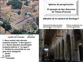 Iglesias de peregrinación: El ejemplo de San Saturnino de Tolosa (Francia) Tramos de bóvedas de cañón separadas por arcos fajones tribuna Pilares cruciformes con columnas adosadas 1 2 3 1. Nave central más elevada (cubierta exterior “a dos aguas”) 2, 3. Naves laterales escalonadas (cubierta exterior a “un agua”) C . Cimborrio convertido en una gran torre octogonal G . Girola A. Ábside Transepto C G A absidiolos  capillas del transepto ¿Modelo de la catedral de Santiago? 