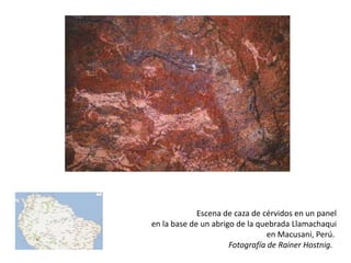 Escena de caza de cérvidos en un panel
en la base de un abrigo de la quebrada Llamachaqui
                                 en Macusani, Perú.
                      Fotografía de Rainer Hostnig.
 
