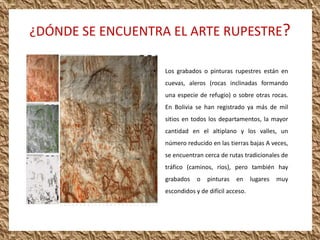 ¿DÓNDE SE ENCUENTRA EL ARTE RUPESTRE?

                 •   Los grabados o pinturas rupestres están en
                     cuevas, aleros (rocas inclinadas formando
                     una especie de refugio) o sobre otras rocas.
                     En Bolivia se han registrado ya más de mil
                     sitios en todos los departamentos, la mayor
                     cantidad en el altiplano y los valles, un
                     número reducido en las tierras bajas A veces,
                     se encuentran cerca de rutas tradicionales de
                     tráfico (caminos, ríos), pero también hay
                     grabados    o   pinturas   en     lugares   muy
                     escondidos y de difícil acceso.
 