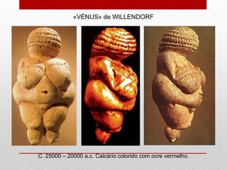 «VÉNUS» de WILLENDORF
C. 25000 – 20000 a.c. Calcário colorido com ocre vermelho.
 