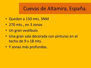 Cuevas de Altamira, España.
• Quedan a 150 mts. SNM
• 270 mts., en 3 zonas
• Un gran vestíbulo
• Una gran sala decorada con pinturas en el
techo de 9 x 18 mts.
• Y zonas más profundas.
 