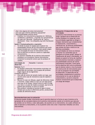 - ¿Han visto algunos de estos instrumentos?                    Planeación: El desarrollo de las
         - ¿Con que qué criterios podríamos agruparlos?                 actividades
         - ¿Qué posibilidades sonoras tiene?                            La práctica instrumental es un proceso
         • Clasificar los instrumentos propuestos en: idiófonos,        largo y gradual que se desarrolla de
              cordófonos y aerófonos, y recordar las características    forma cotidiana a lo largo del curso;
              de cada uno. Recordar clasificación de Sachs y
                                                                        las actividades sugeridas se dirigen a
              Hornbostel: http://es.wikipedia.org/wiki/Hornbostel-
              Sachs                                                     integrar elementos que complementan
         Sesión 2 Contextualización y expresión                         la exploración, conocimiento y
         • Se divide al grupo en equipo para explorar las               valoración de las diversas posibilidades
              posibilidades sonoras de los instrumentos que serán       que existen de hacer música en las
              proporcionados por el profesor. Cada equipo asigna        distintas sociedades.
              a un encargado de tocar el instrumento nuevo.             Las actividades de inicio se orientan
              Para la elección se toma en cuenta su capacidad           a retomar los contenidos que se
162           interpretativa.                                           abordaron en primer grado, bloque IV
         • Se retoman melodías de la práctica instrumental              Clasificación de Sachs y Hornbostel, en
              cotidiana y se incorporan nuevos instrumentos.
                                                                        donde se exploró la forma de clasificar
              Comentan la sensación sonora que les produce el
              cambio.                                                   los instrumentos musicales y explorar
                                                                        las posibilidades sonoras de nuevos
         Actividades de        Duración: 3 sesiones                     instrumentos musicales. Como parte
         desarrollo                                                     de los objetivos del curso se pretende
         Sesiones 3 y 4                                                 que el alumno valore y viva el proceso
         • En equipos construirán instrumentos musicales con            de construcción de instrumentos para
             materiales de reciclaje, con el apoyo del profesor.        lo cual se proponen las actividades
             Eligen alguno de los siguientes:                           de desarrollo. El desarrollo de las
         Cordófono guitarra
                                                                        actividades complementa la práctica
         • Una caja de cartón de tamaño medio con tapa, que
             servirá como caja de resonancia (caja de zapatos o         instrumental en la cual se aborda el
             galletas).                                                 conocimiento y uso de la notación
         • Decorar la caja con dibujos, papel de diferentes clases      musical convencional que se desarrolla
             o recortes. Luego rodear la caja con una liga gruesa       a lo largo del bloque.
             para que no se rompa. Colocar entre la caja y la liga
             una rama o un palo de madera acostado, que sirva de
             puente para levantar un poco la cuerda.
         • Para producir melodías se puntea la liga al mismo
             tiempo que se pisa en diferentes partes, produciendo
             sonidos de diferente altura.



         Recomendaciones para la evaluación
         El docente puede recabar información que le permita observar la forma en que el alumno se ha
         apropiado de los conceptos básicos de la práctica instrumental cuando se le solicite que ejecutar
         los sonidos con la rítmica y valor adecuados, de acuerdo con su instrumento, los cuales utilizará no
         sólo al ejecutar su instrumento, si no al ponerle como reto crear e improvisar melodías con otros
         instrumentos.




      Programas de estudio 2011
 
