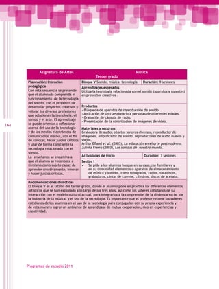 Asignatura de Artes                                               Música
                                                    Tercer grado
      Planeación: Intención                Bloque V Sonido, música tecnología      Duración: 9 sesiones
      pedagógica                           Aprendizajes esperados
      Con esta secuencia se pretende       Utiliza la tecnología relacionada con el sonido (aparatos y soportes)
      que el alumnado comprenda el         en proyectos creativos .
      funcionamiento de la tecnología
      del sonido, con el propósito de
      desarrollar proyectos creativos y    Productos
      valorar las diversas profesiones     - Búsqueda de aparatos de reproducción de sonido.
      que relacionan la tecnología, el     - Aplicación de un cuestionario a personas de diferentes edades.
                                           - Grabación de cápsula de radio.
      sonido y el arte. El aprendizaje
                                           - Presentación de la sonorización de imágenes de video.
164   se puede orientar a reflexionar
      acerca del uso de la tecnología      Materiales y recursos
      y de los medios electrónicos de      Grabadora de audio, objetos sonoros diversos, reproductor de
      comunicación masiva, con el fin      imágenes, amplificador de sonido, reproductores de audio nuevos y
      de conocer, hacer juicios críticos   viejos,
      y usar de forma consciente la        Arthur Efland et al. (2003), La educación en el arte postmoderno.
      tecnología relacionada con el        Julieta Fierro (2003), Los sonidos de nuestro mundo.
      sonido.
      La enseñanza se encamina a           Actividades de inicio                    Duración: 3 sesiones
      que el alumno se reconozca a         Sesión 1
      sí mismo como sujeto capaz de        • Se pide a los alumnos busque en su casa,con familiares y
      aprender creativamente, innovar          en su comunidad elementos o aparatos de almacenamiento
      y hacer juicios críticos.                de música y sonidos, como fonógrafos, radios, tocadiscos,
                                               grabadoras, cintas de carrete, cilindros, discos de acetato.
      Recomendaciones didácticas
      El bloque V es el último del tercer grado, donde el alumno pone en práctica los diferentes elementos
      artísticos que se han explorado a lo largo de los tres años, así como los saberes cotidianos de su
      interacción con el modelo cultural actual, para integrarlos a la comprensión de la dinámica social de
      la industria de la música, y el uso de la tecnología. Es importante que el profesor retome los saberes
      cotidianos de los alumnos en el uso de la tecnología para conjugarlos con su propia experiencia y
      de esta manera lograr un ambiente de aprendizaje de mutua cooperación, rico en experiencias y
      creatividad.




      Programas de estudio 2011
 